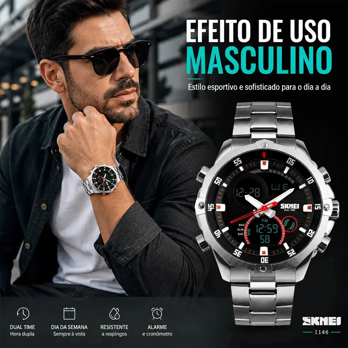 Relógio Masculino Digital Analógico SKMEI 1146 Prata Resistente à Água 30M Com Pulseira de Aço Inoxidável, Dual Time, Cronômetro, Alarme, Luz LED, Data e Dia da Semana, Esportivo Casual, Moda Urbana thumbnail 4