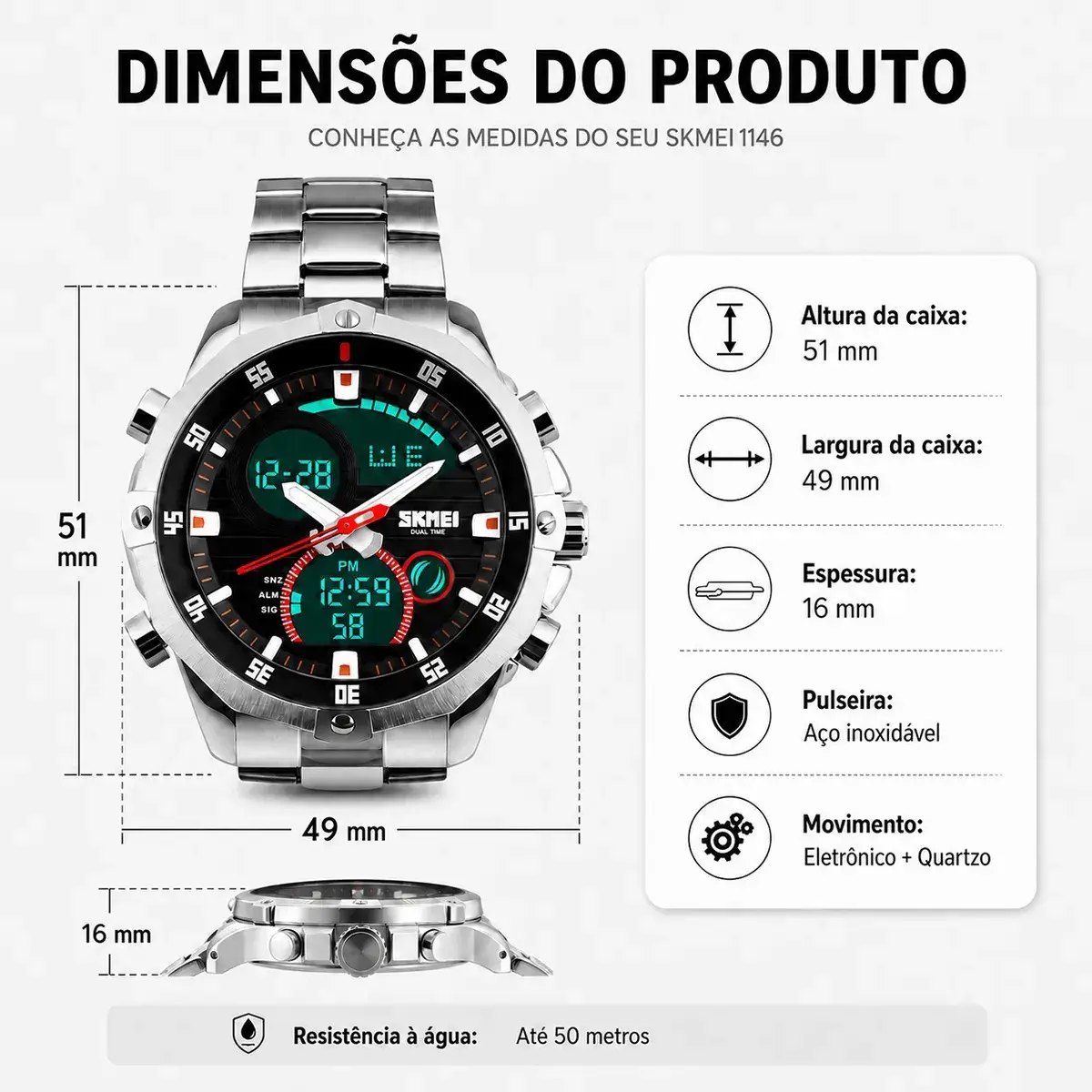 Relógio Masculino Digital Analógico SKMEI 1146 Prata Resistente à Água 30M Com Pulseira de Aço Inoxidável, Dual Time, Cronômetro, Alarme, Luz LED, Data e Dia da Semana, Esportivo Casual, Moda Urbana thumbnail 5