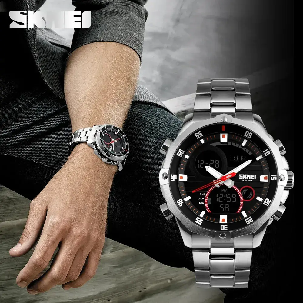 Relógio Masculino Digital Analógico SKMEI 1146 Prata Resistente à Água 30M Com Pulseira de Aço Inoxidável, Dual Time, Cronômetro, Alarme, Luz LED, Data e Dia da Semana, Esportivo Casual, Moda Urbana thumbnail 7