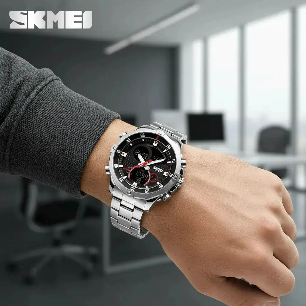 Relógio Masculino Digital Analógico SKMEI 1146 Prata Resistente à Água 30M Com Pulseira de Aço Inoxidável, Dual Time, Cronômetro, Alarme, Luz LED, Data e Dia da Semana, Esportivo Casual, Moda Urbana thumbnail 8