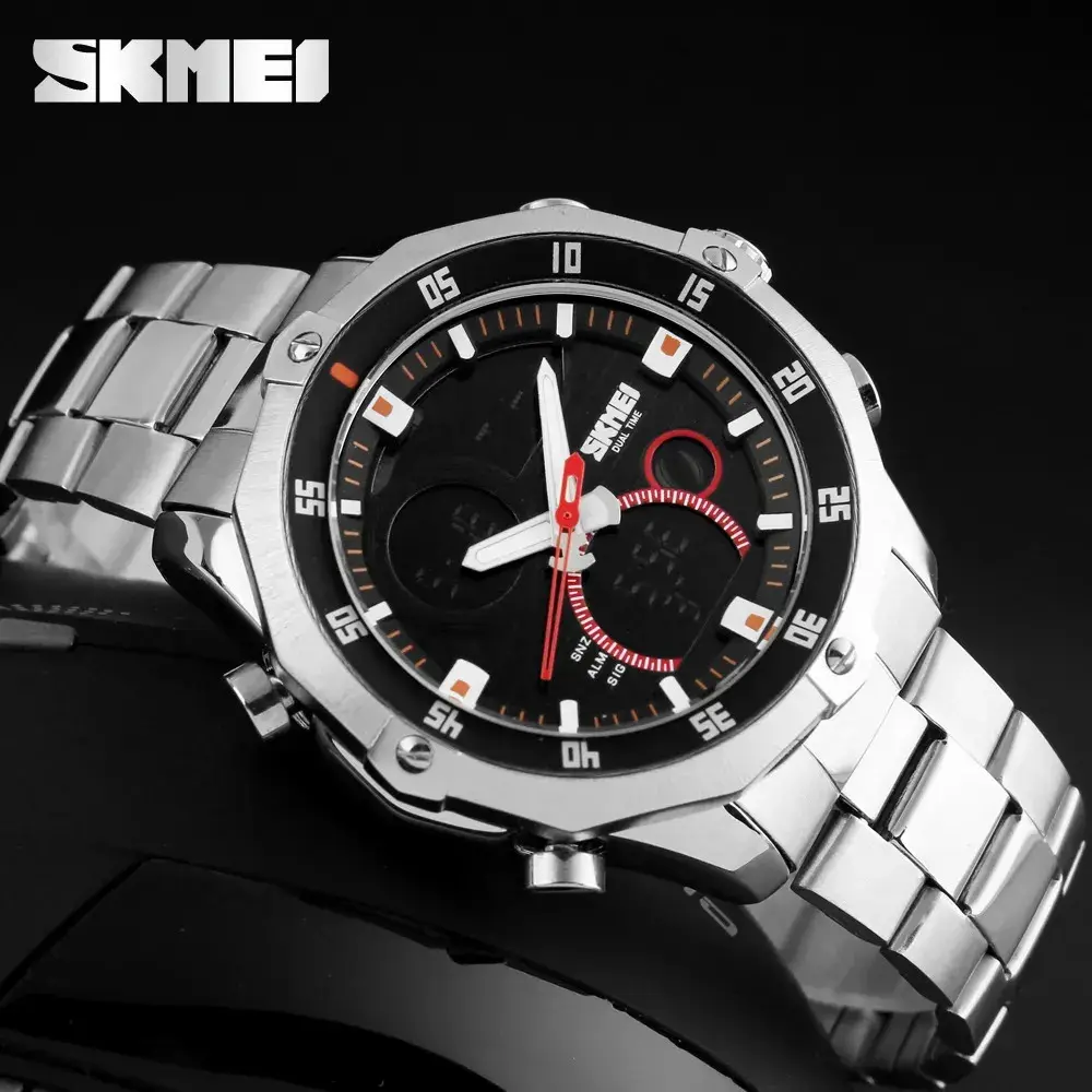 Relógio Masculino Digital Analógico SKMEI 1146 Prata Resistente à Água 30M Com Pulseira de Aço Inoxidável, Dual Time, Cronômetro, Alarme, Luz LED, Data e Dia da Semana, Esportivo Casual, Moda Urbana thumbnail 9