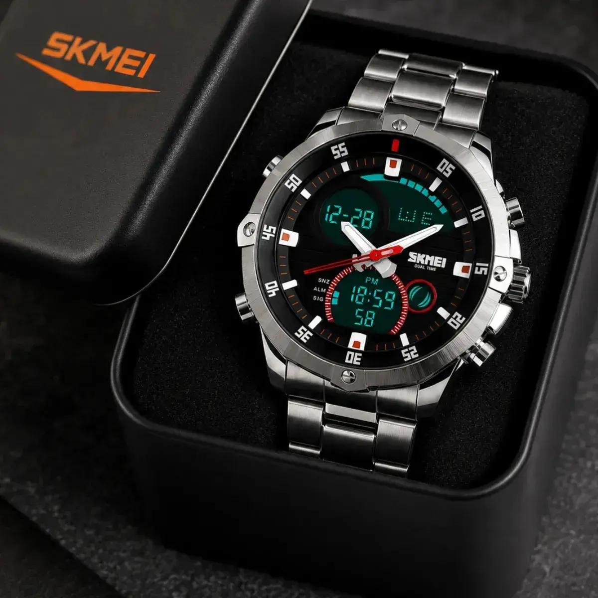 Relógio Masculino Digital Analógico SKMEI 1146 Prata Resistente à Água 30M Com Pulseira de Aço Inoxidável, Dual Time, Cronômetro, Alarme, Luz LED, Data e Dia da Semana, Esportivo Casual, Moda Urbana thumbnail 10