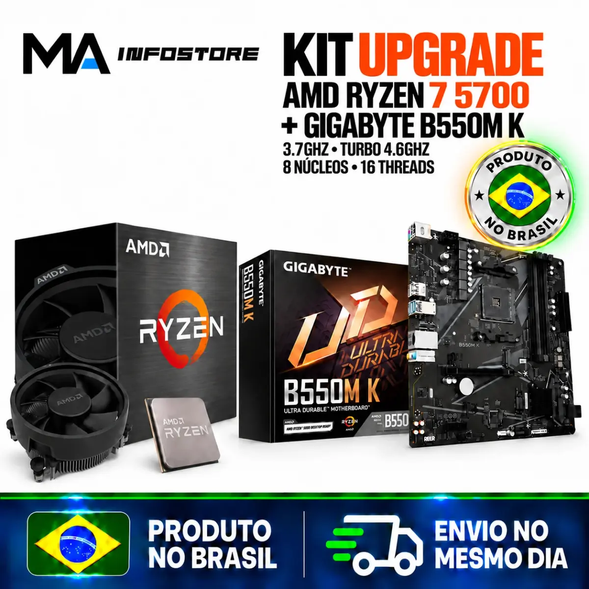 Kit Upgrade Processador AMD Ryzen 5 5700 Com Cooler + Placa Mãe Gigabyte B550M K AM4 mATX DDR4