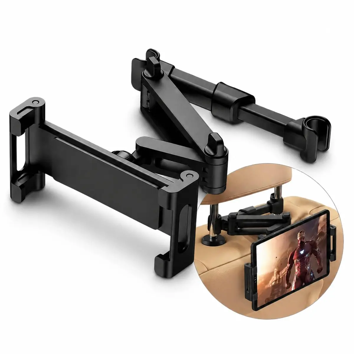 Suporte Tablet Celular para Carro Encosto de Cabeça Ajustável 5 a 14 Pol | Braço articulado com rotação 360°, altura e ângulo reguláveis, base antiderrapante e estrutura dobrável para viagens