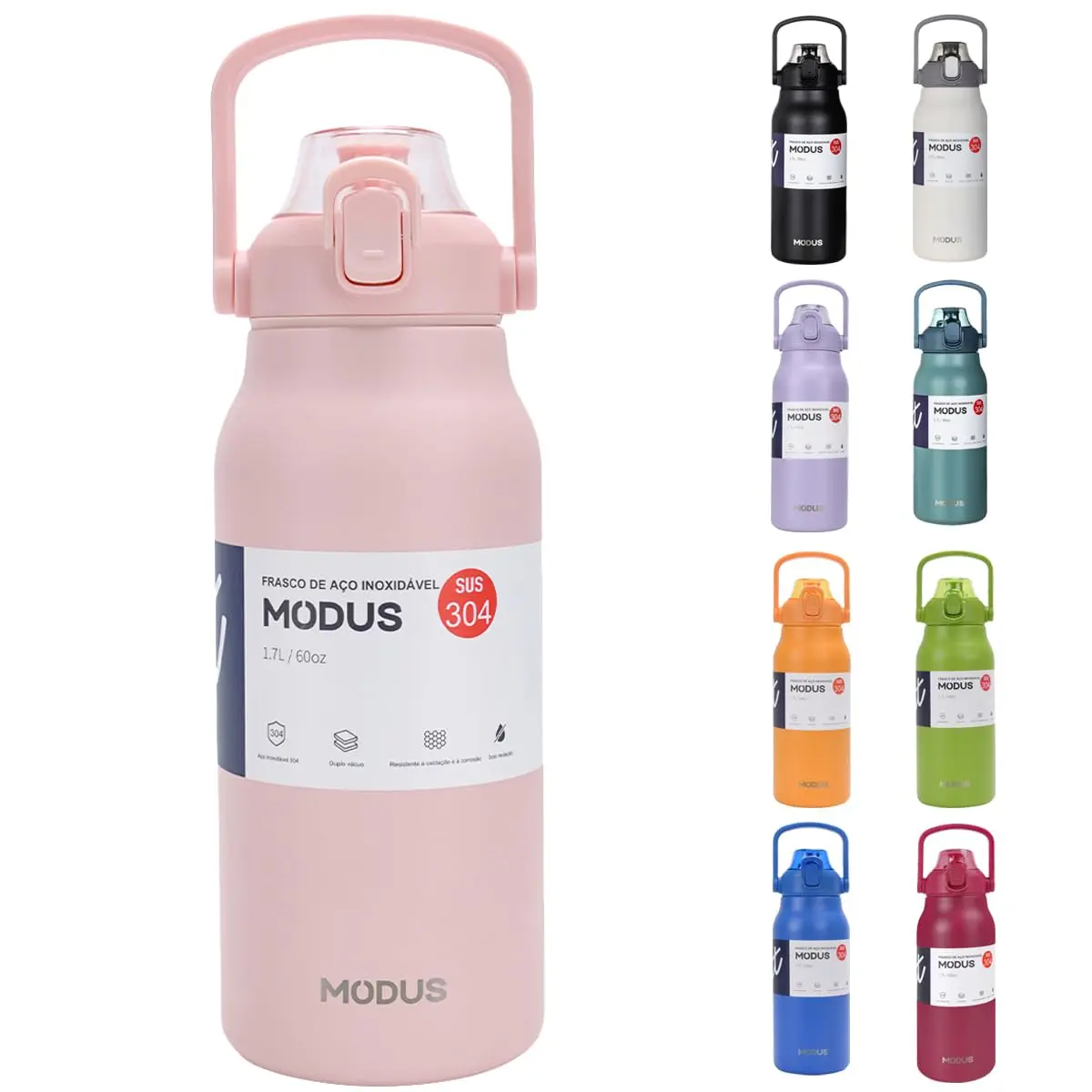 Garrafa Térmica De Viagem Inox 1700ml Água Com Canudo (Rosa) - 1