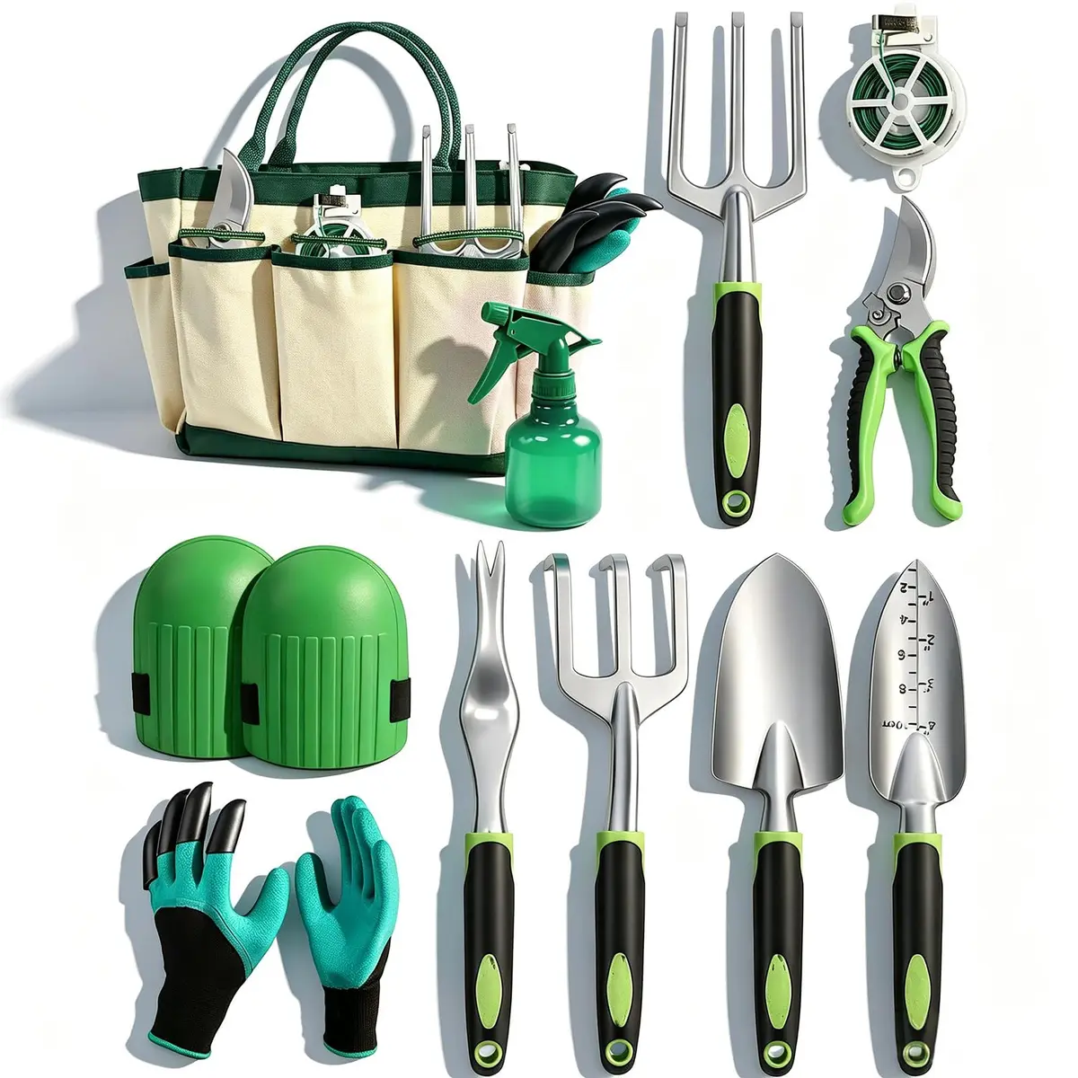 Conjunto De Ferramentas de Jardinagem Multifuncional, 11 Peças de Ferramentas Manuais De Jardinagem Resistentesem Alumínio Com Bolsa De Armazenamento, Luvas E Joelheiras, Para Mulheres E Homens