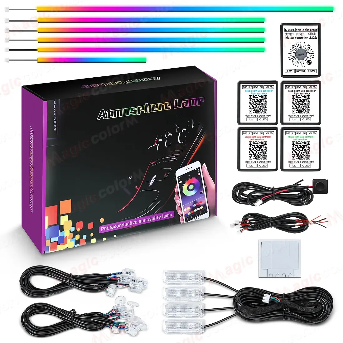 18 em 1 led luzes ambientais do carro 213 64 cores rgb sinfonia streamer bluetooth arco-íris interior tiras acrílicas kit de lâmpada atmosfera