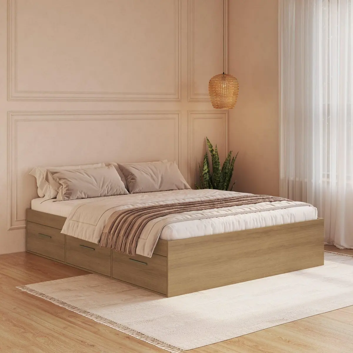 Cama de Casal Queen com 6 Gavetas Genebra Mel