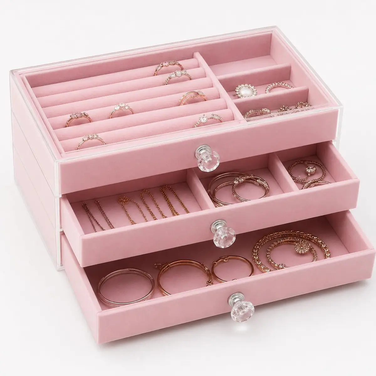 Porta Joias com Gaveta, Organizador de Joias Compacto com Base Acrílica e Gavetas de Veludo, 3 Camadas com Compartimentos para Anéis, Brincos, Colares e Pulseiras (Rosa)