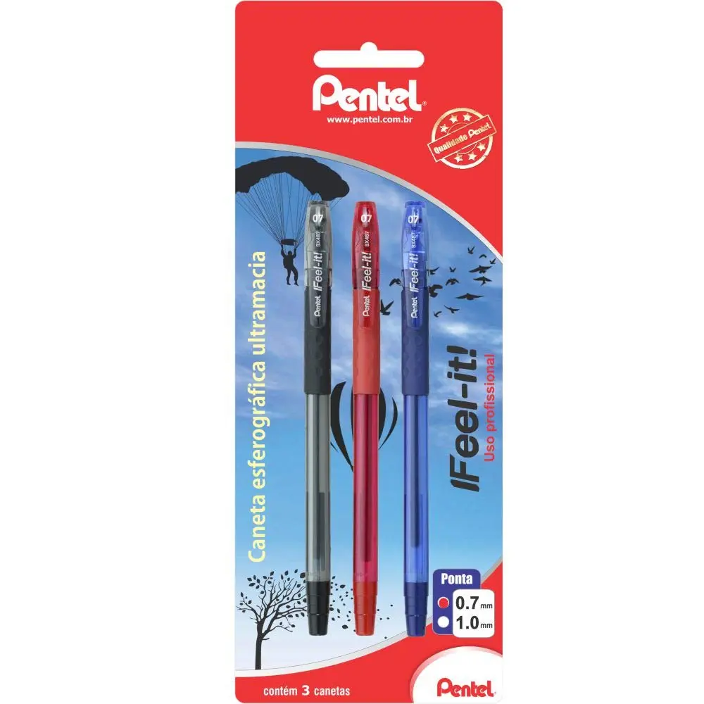 Pentel Caneta Esferográfica Feel It 0.7mm Kit 3 Cores Tintas Azul Preto e Vermelho SM/BX487-ABC
