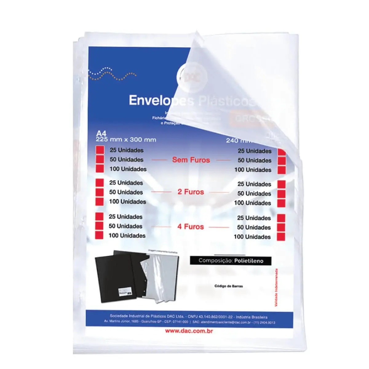 Blister 100 Envelope Grosso sem furos, DAC, Blister 100 Envelope Grosso sem furos 5075-100, Transparente, pacote de 100