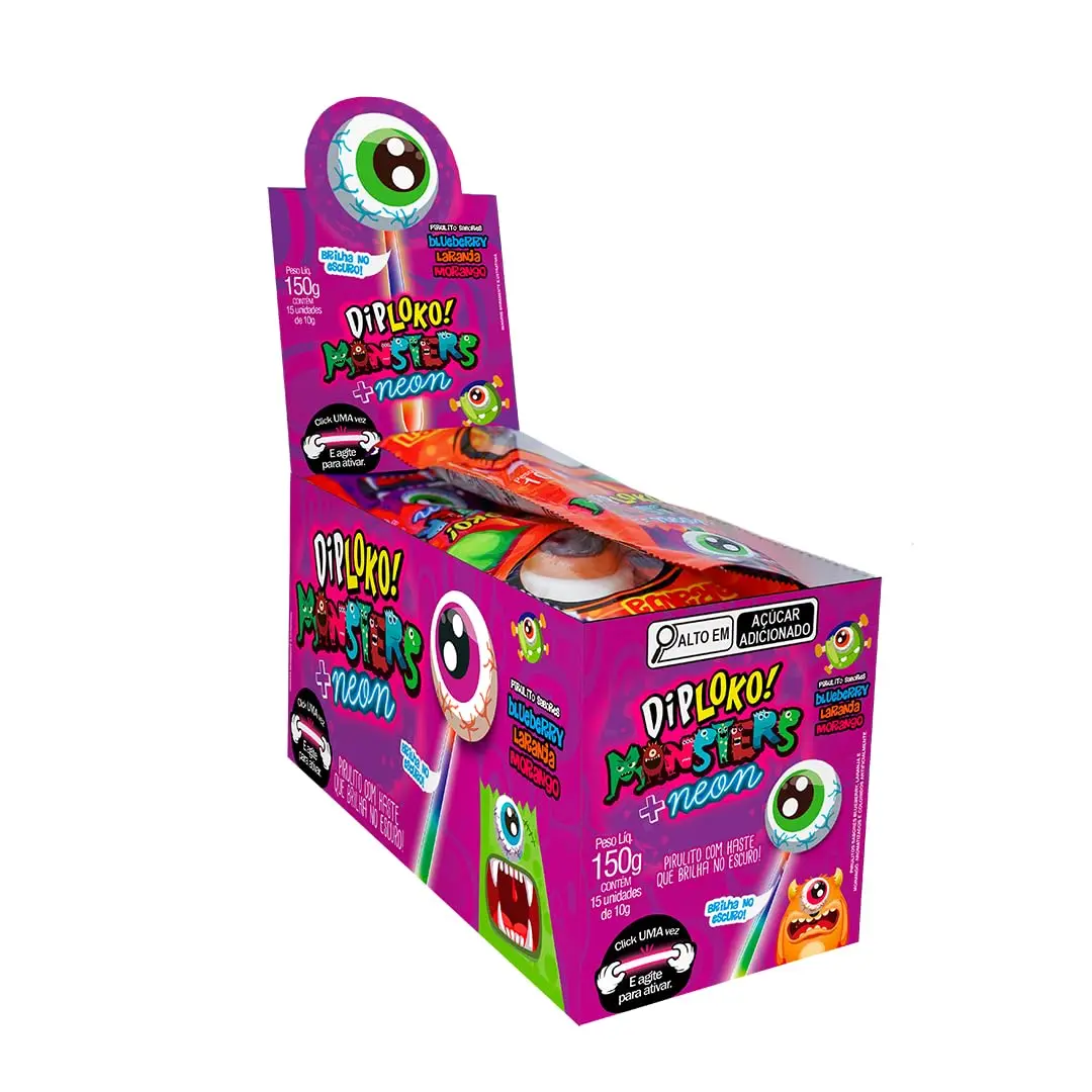 Pirulito Dip Loko Neon Monsters, Olho, Sortidos, 12X15X10g