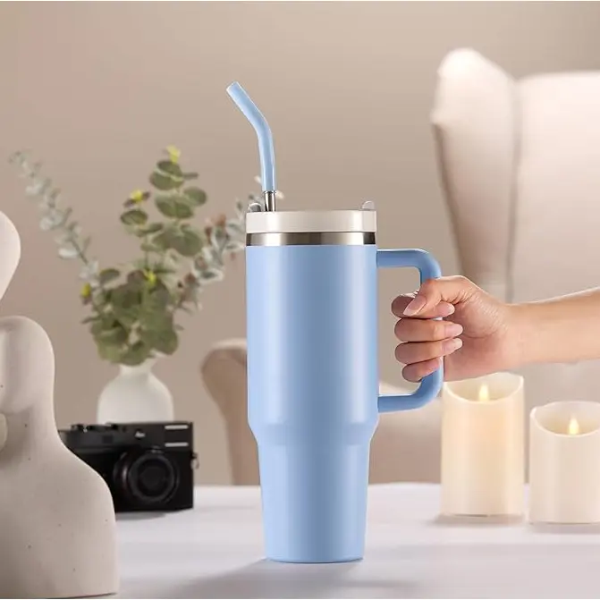 Copo Garrafa Térmica Grande Em Aço Inox Com Alça E Canudo Metal 1200ML - 1