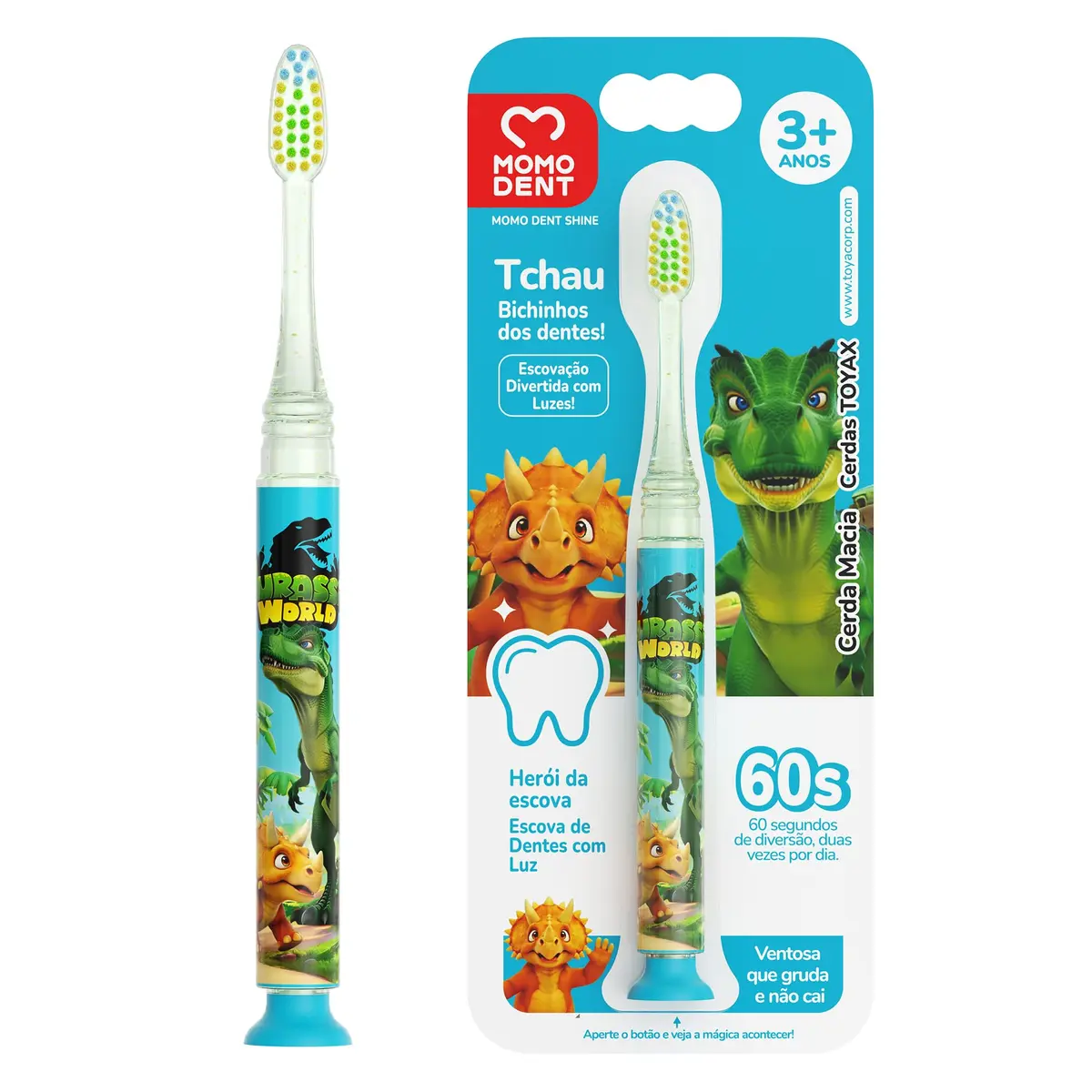 MOMODENT Escova de Dente Infantil com Luz LED, Cerdas Macias, Para Crianças a Partir de 3 Anos, Modelos Panda e Futebol, Com Ventosa, Divertida para Escovar, Formato Fofo de Personagem, Proteção Suave para Gengivas (Dinossauro)