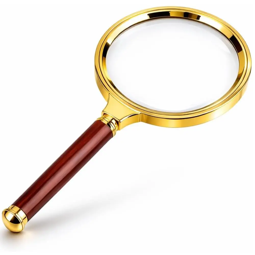 Lupa de Aumento Luxo - Lente de Aumento 90mm - Zoom 10x - Para Leitura, Escola, Relojoaria, Reparos - Lupa Dourada e Cabo que Imita Madeira - Material Profissional Premium