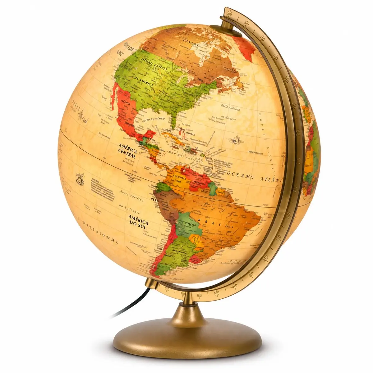 Globo Terrestre Iluminado 30cm Bivolt Mapa em Português Base Dourada