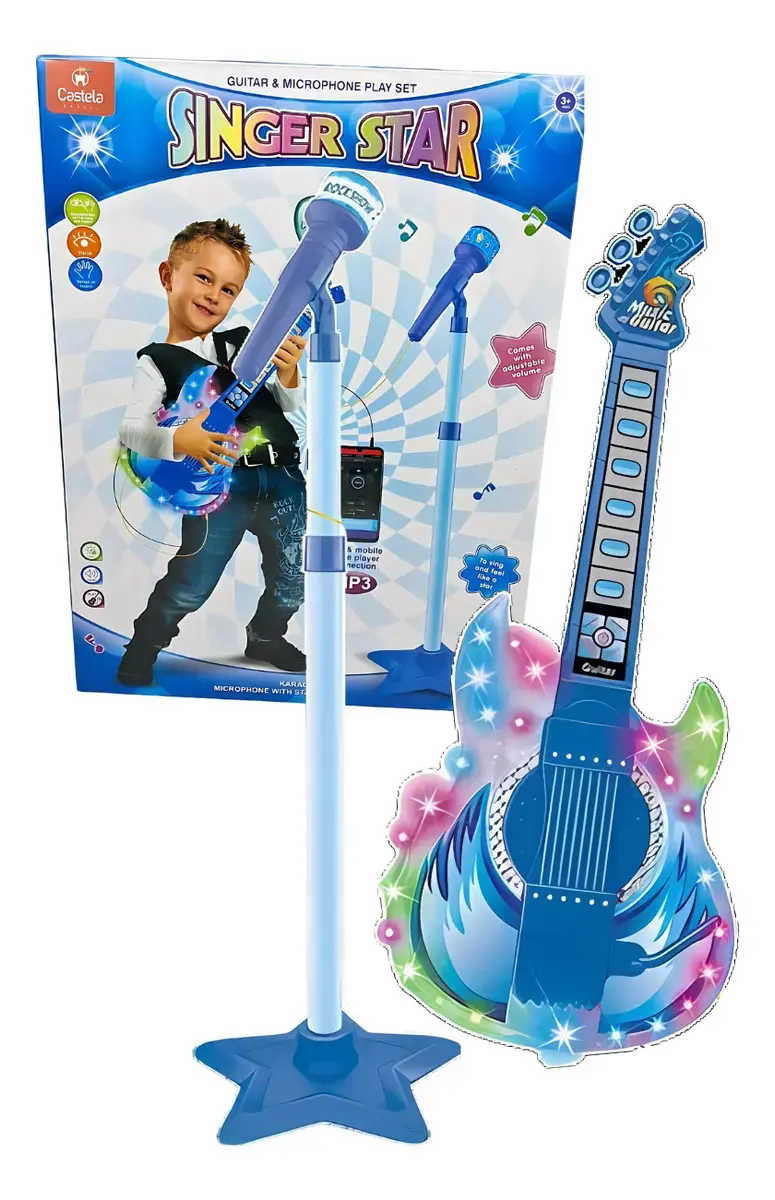 Guitarra Musical Infantil Castela Azul Com Som, Luzes e Microfone - 1