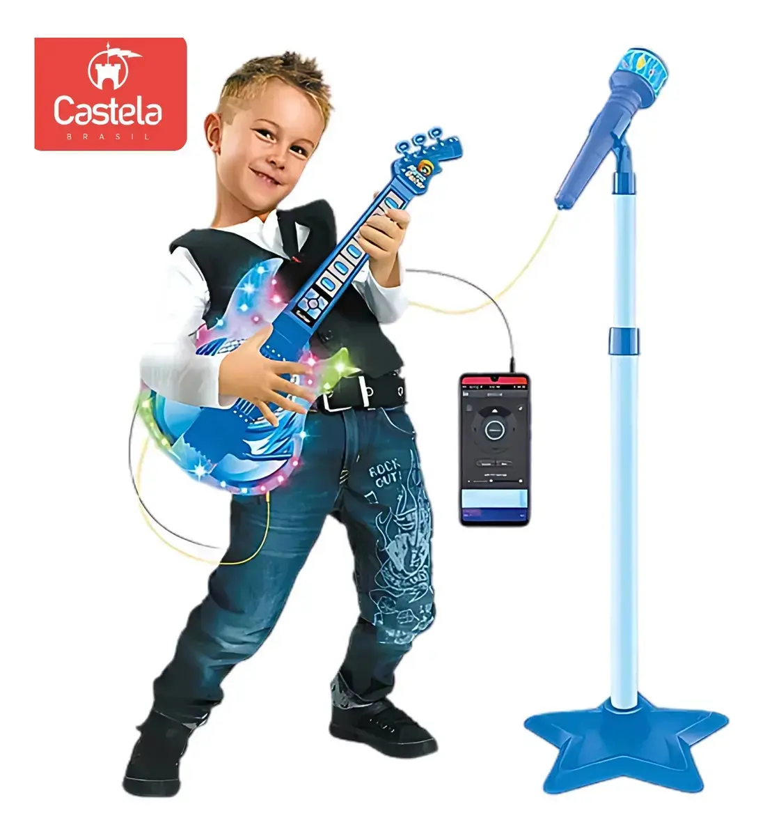 Guitarra Musical Infantil Castela Azul Com Som, Luzes e Microfone thumbnail 3