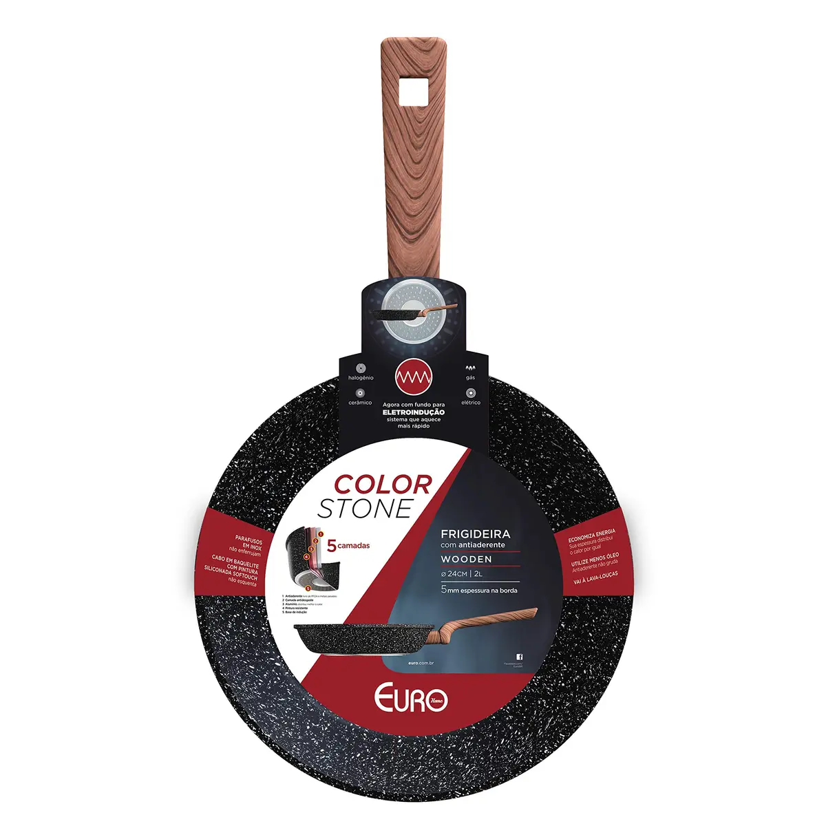 Euro Home - Frigideira 24 cm, 1.5 L de Alumínio com Antiaderente Color Stone Wooden - ALU8303-WD - 1