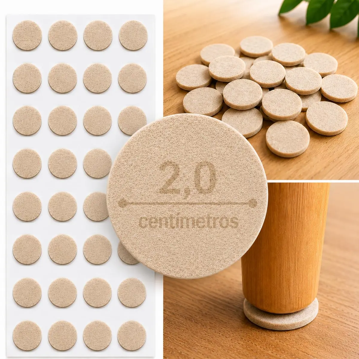 Kit 32 Feltros Adesivos Bege Antirrisco 2,0cm x 3mm Redondos para Móveis
