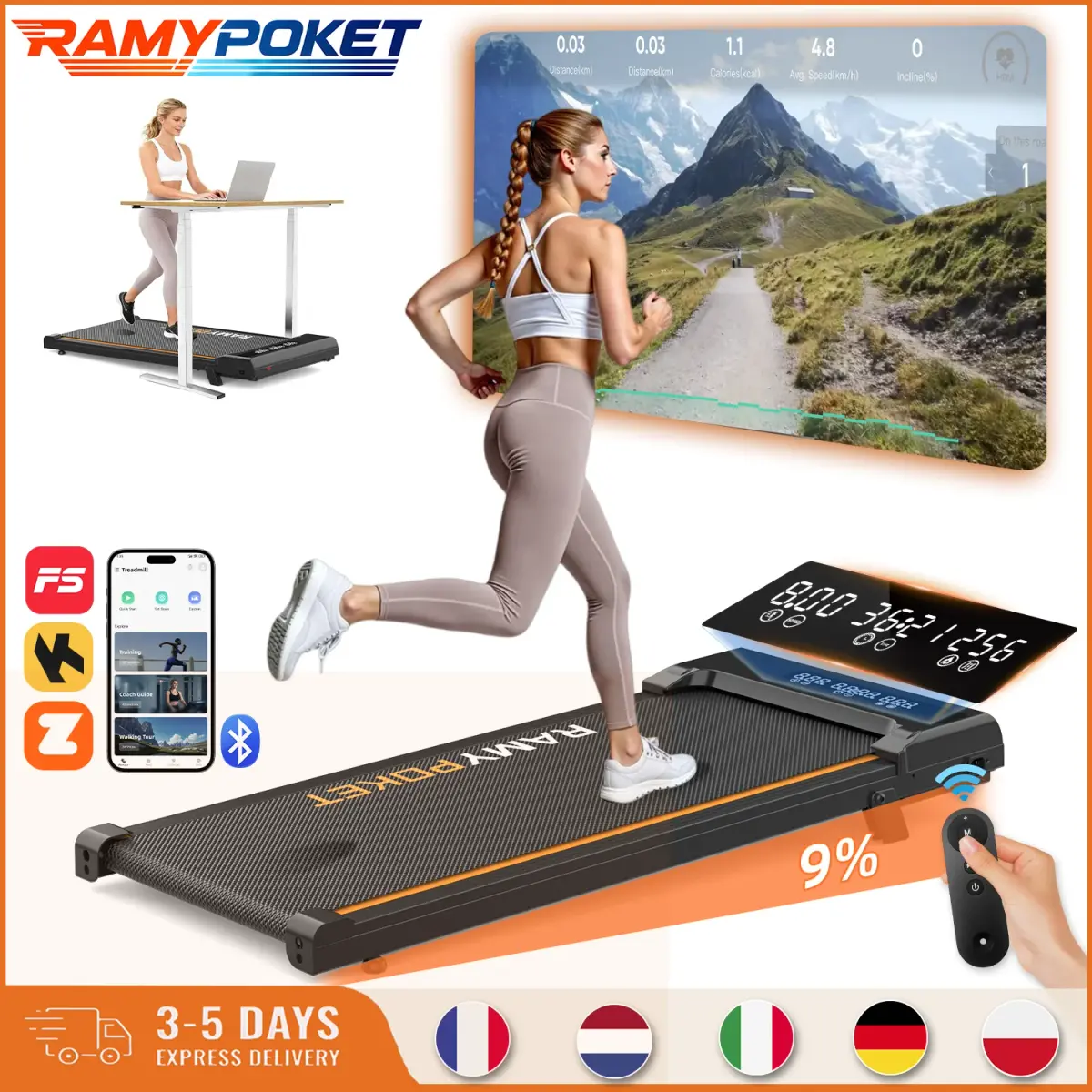Esteira Ergométrica RAMYPOKET com Inclinação de 9%, Controle por APP, LED de 3 Janelas, 2.5HP, para Casa e Escritório, Capacidade de 120KG, Velocidade de 1-8 Km/h