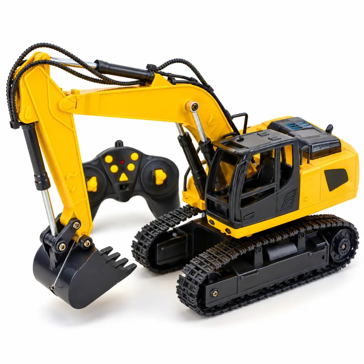 Escavadeira Brinquedo Realista Controle Remoto Esteira Luzes | 9 Canais 2.4Ghz, Rotação 360°, Caçamba Sobe Desce, Bateria Recarregável, USB Incluído, Pilhas AA Não Inclusas, Escala 1:24