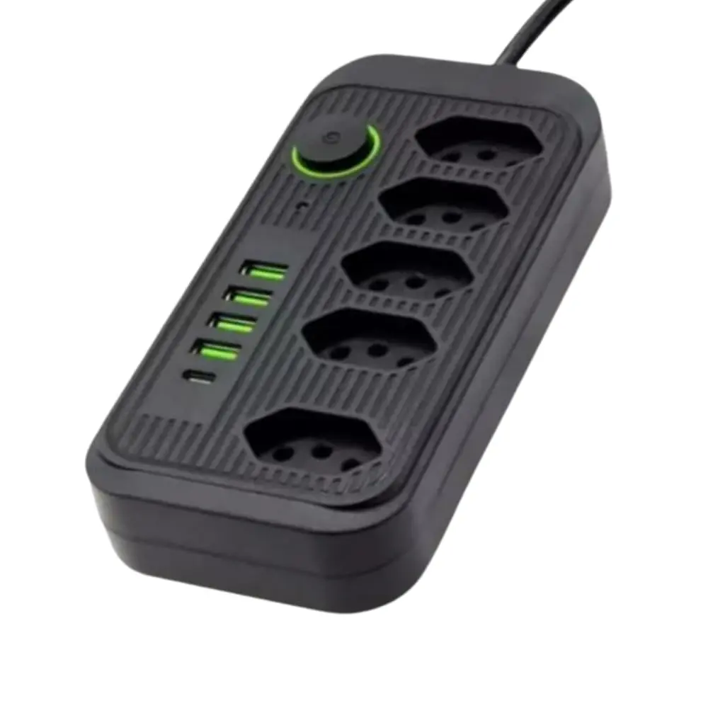 Filtro de Linha 5 Tomadas, Extensão, Régua de Energia Elétrica, Cabo 2 Metros, 4 USB A e 1 USB-C, BiVolt 110-220V, Potência de 2500W e Carregamento Inteligente Premium