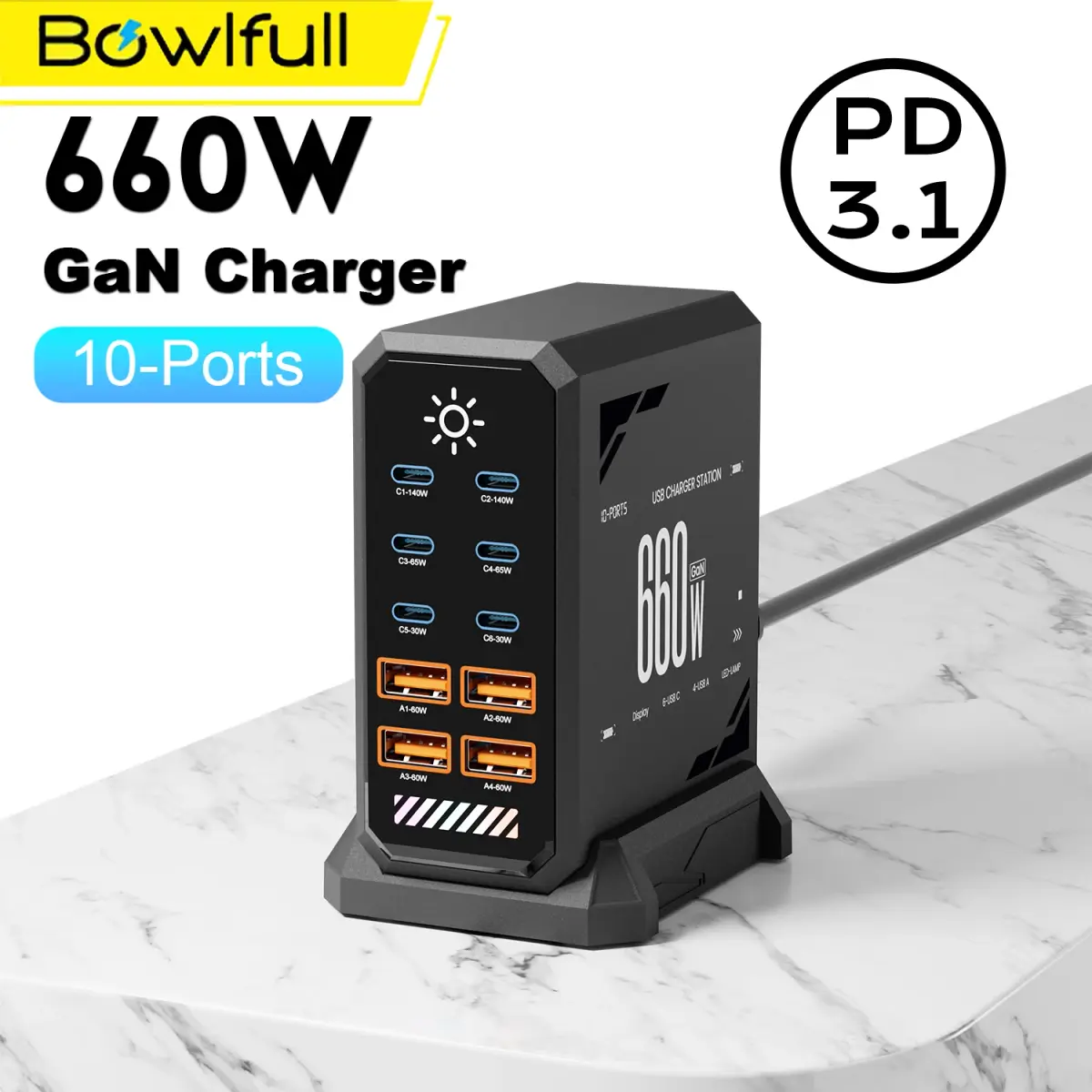 660w gan usb c estação de carregamento 10 portas carregador rápido tipo c pd3.1 pd3.0 pps carregador rápido para macbook pro ipad iphone 16 samsung