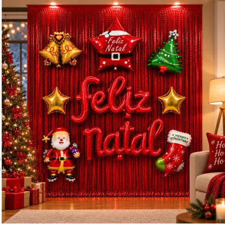 Kit Decoração de Natal Feliz Natal Balões Metalizados Cortina Painel Festa Papai Noel Estrela Bota Árvore