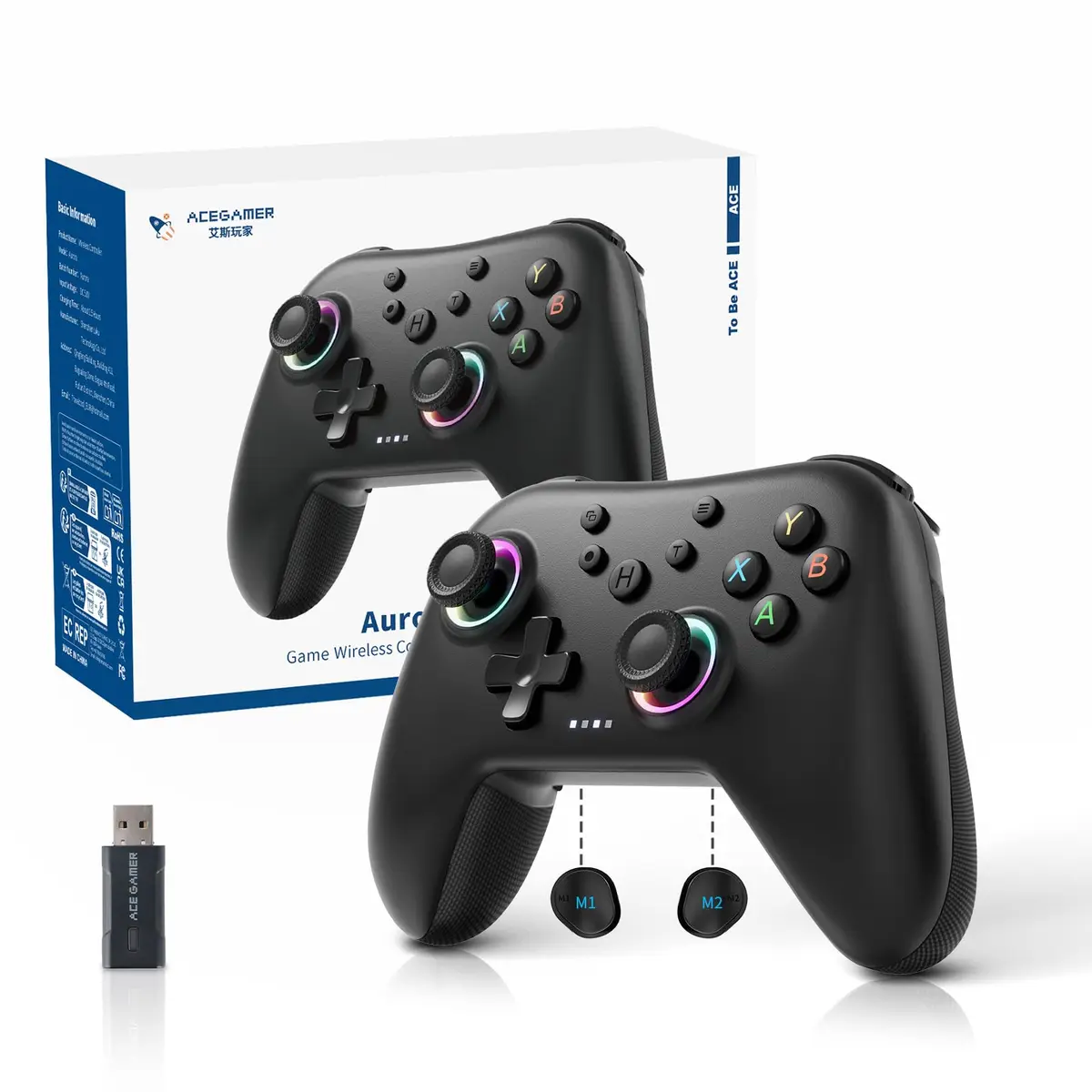 Controle Bluetooth sem fio Aurora Generation 2.4G para PC/Android/Switch/iOS/Steam Deck com motores lineares, joysticks RGB Hall Effect – Controle de jogos de PC atualizado e trava de botões