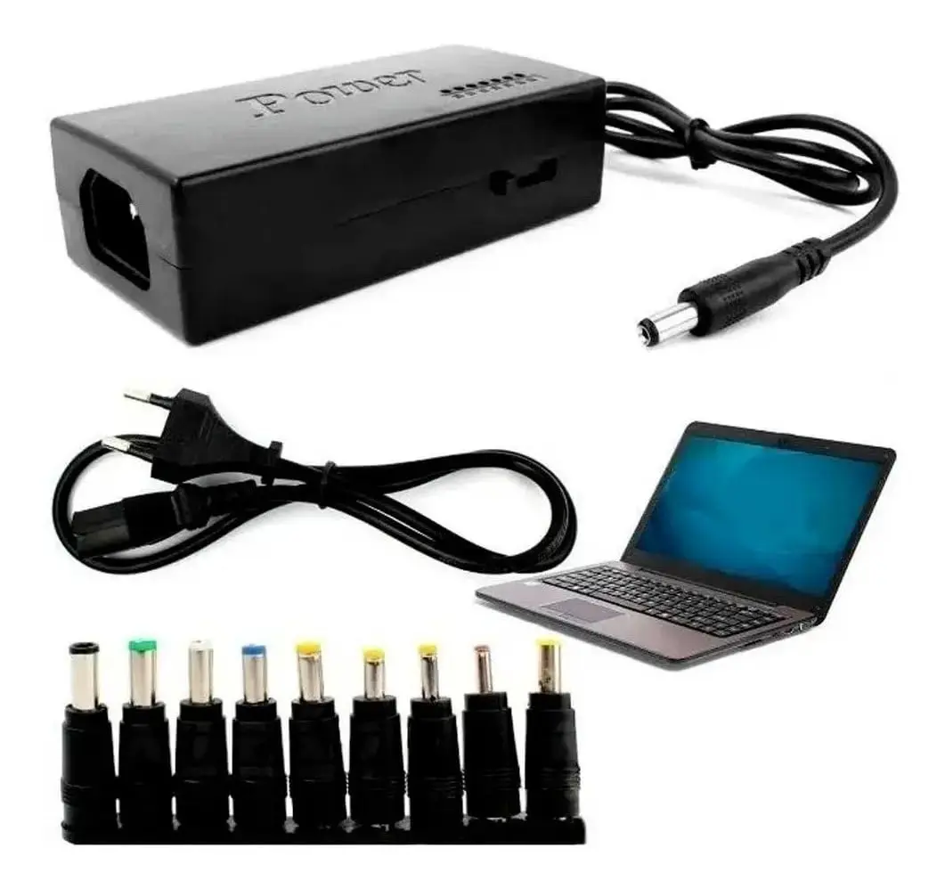 Fonte Universal para Notebook Bivolt com 9 Conectores Pinos Adaptadores Cabo de Força