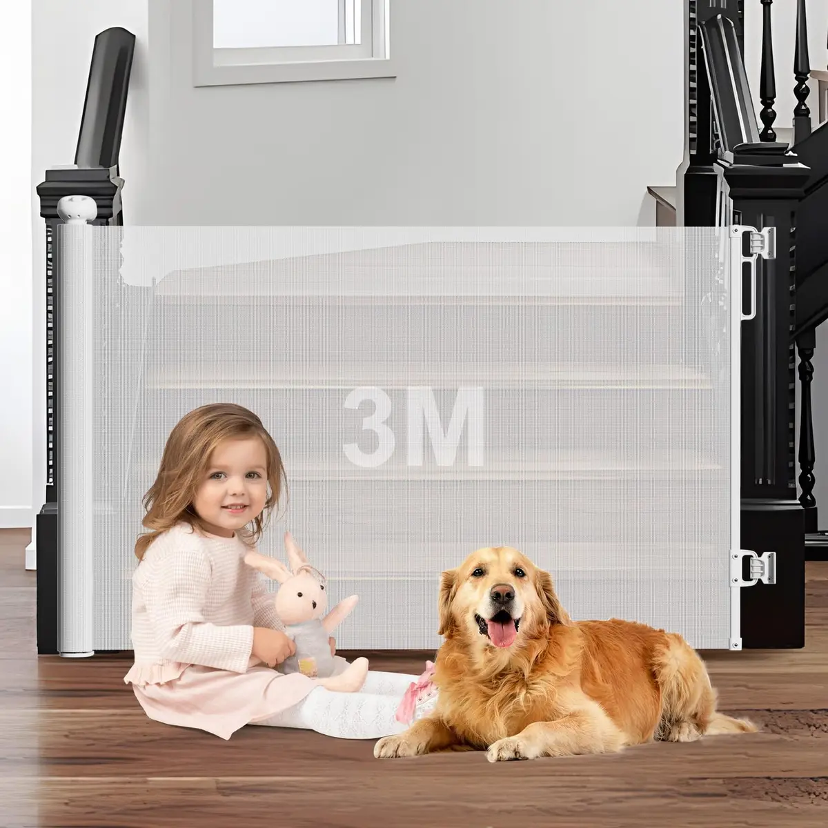 3m Portão Grade Retrátil de Proteção para Bebês e Cachorros, Portaozinho de Escada Instalação Sem Furos, Trava Dupla,Operação com uma mão,Portao Segurança Bebê Pet, Cercado para Cachorros Branco