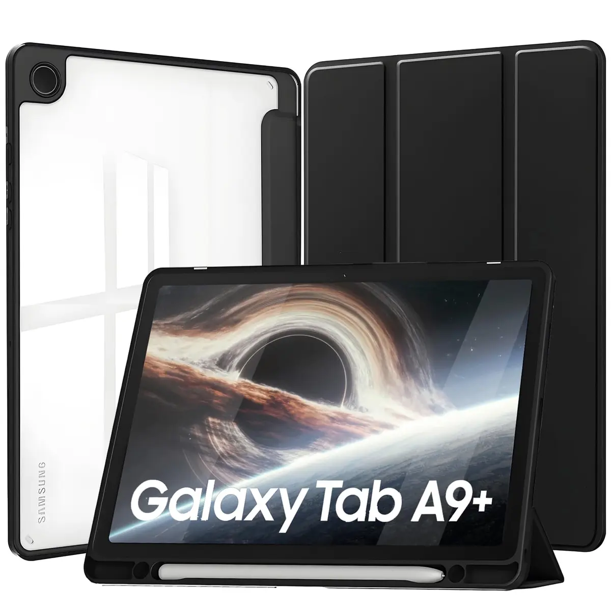 Capa para Galaxy Tab A9 Plus Samsung Tablet A9+ 11 Polegadas 2023 Capinha Protetora Fina Capa Traseira Transparente com Suporte para Lápis Completa - Negro