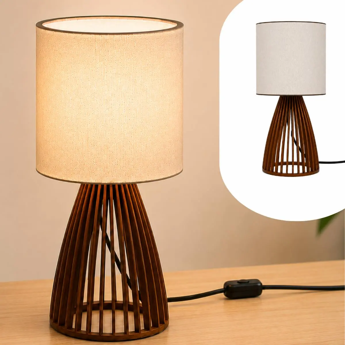Luminária De Mesa Abajur Sillen 41 cm Decorativo MDF Imbuia Cúpula Clara Iluminação Suave Para Quarto Sala - 1