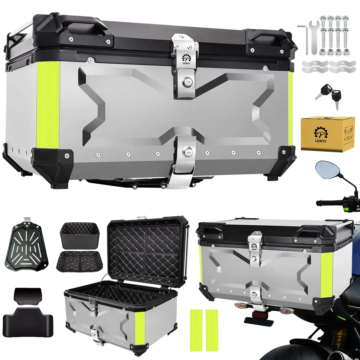 Bau para Moto de Alumínio 65 Litros- Baú Moto Bauleto Modelo Universal, Alto Volume Impermeável, trava dupla para proteção contra roubo, Prata