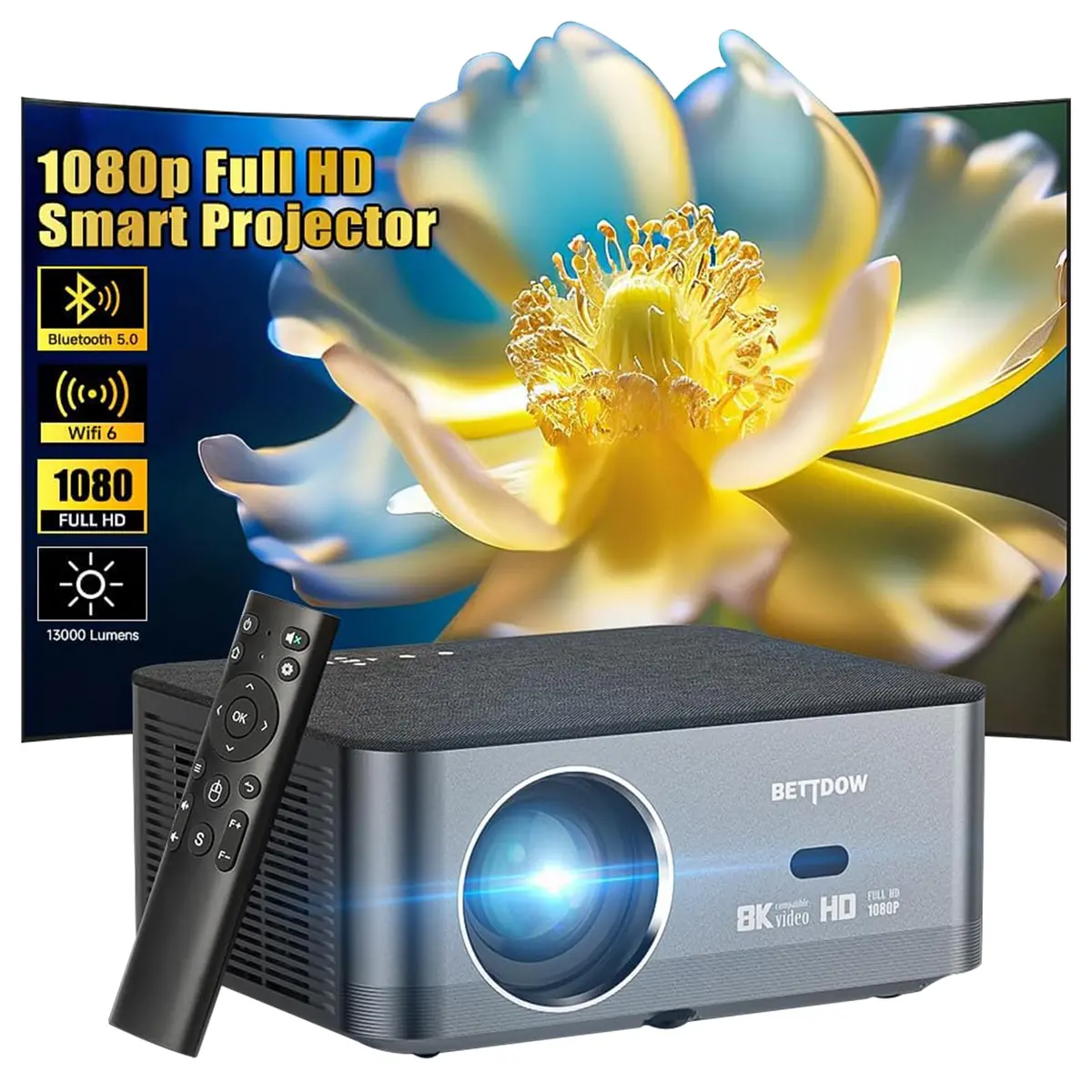 Bettdow Projetor 4k 8k 15000 Lumens Hd 1080p Compatível Completo De Android 9, Smart Projetores Retroprojetor Portatil 600 ANSI WiFi6, Auto Correção Trapezoidal, Foco Eletronico