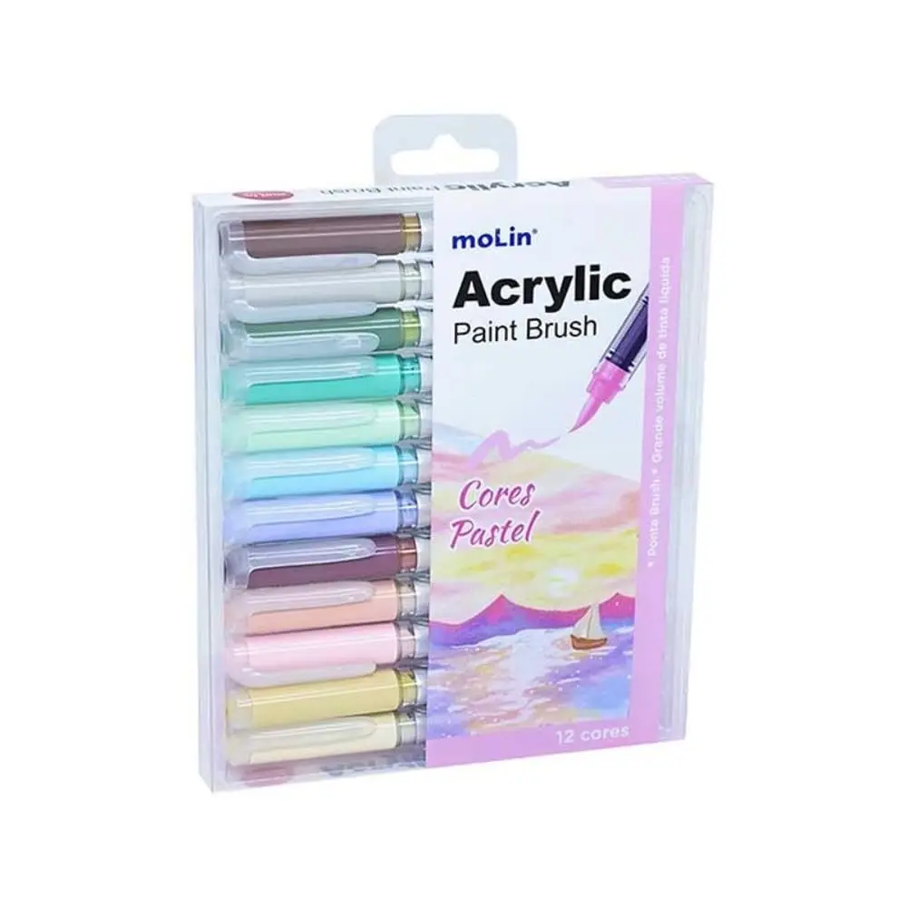 Estojo de Marcador Artístico, Acrylic Brush, 12 Cores Pastel, Molin
