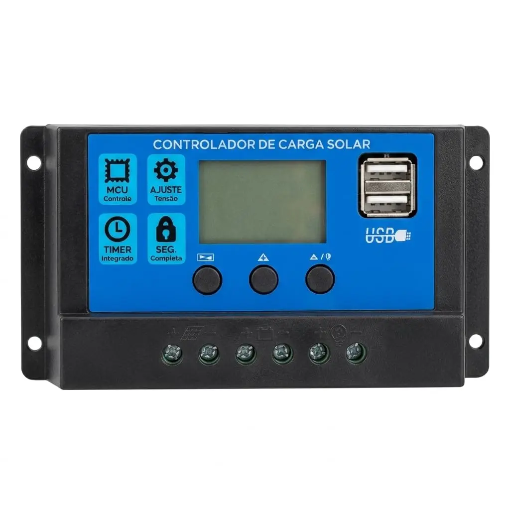 Controlador de Carga Solar com Display LCD USB Duplo Timer e MCU