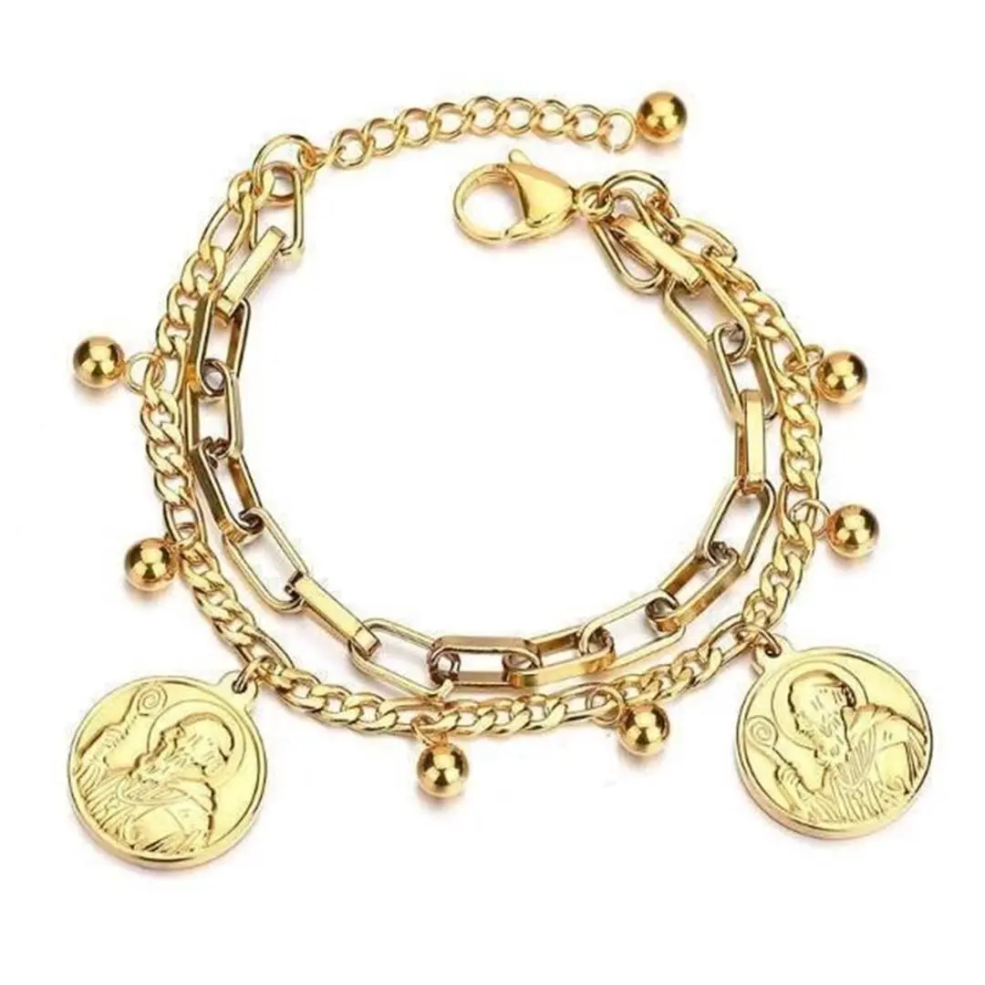 Pulseira Feminina "São Bento" com Pingentes em Aço Cirúrgico Banhada a Ouro 18K – Ajustável 17-21cm – Proteção, Fé e Elegância – Acompanha Bolsa de Veludo