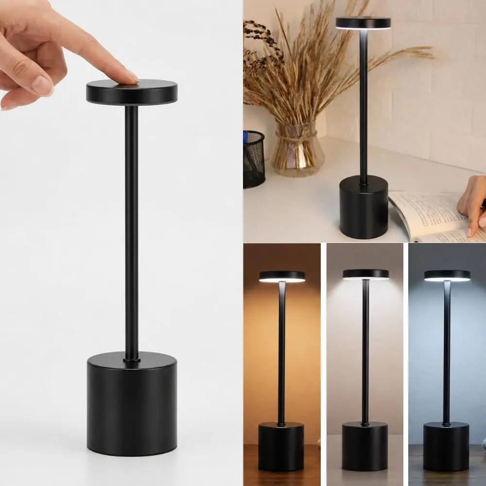 Luminária de Mesa Dimerizável Touch 3 Cores de Luz - Luminária Recarregável USB 3 Cores Quente Fria Neutra Sem Fio - Abajur Portátil para Quarto Escritório Leitura - UpShop (Preto)