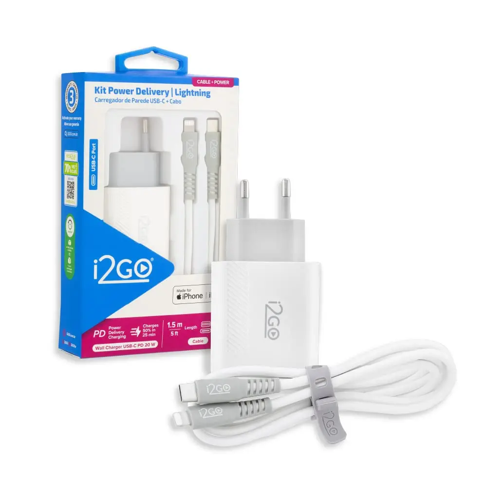 Kit Carregador de Parede Ultra Rápido com 1 Saída USB-C Power Delivery 20W + Cabo iPhone/Lightning + USB-C i2GO Certificado MFi 1,5m 3A Branco