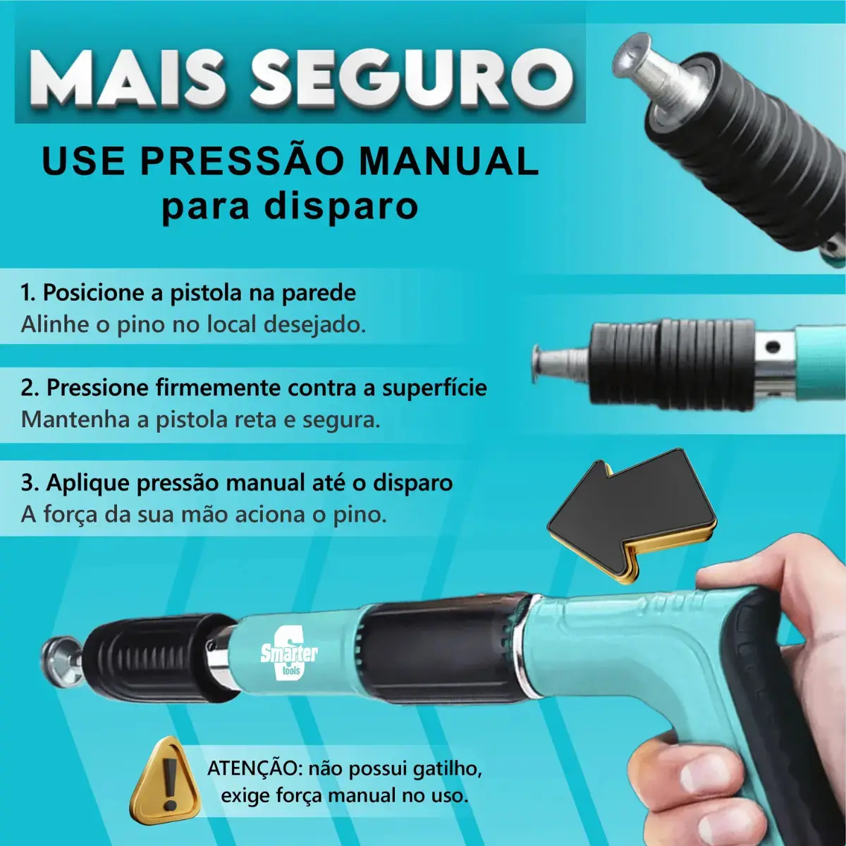 Pistola Fixação Finca Pino Ação Direta Pregos Epi Maleta Pinador Pregador Grampeador Rebitador De Prego Pressão Manual Ferramenta Para Drywal Gesso Concreto Aço Parede Forro PVC Grampo Smarter Tools thumbnail 3