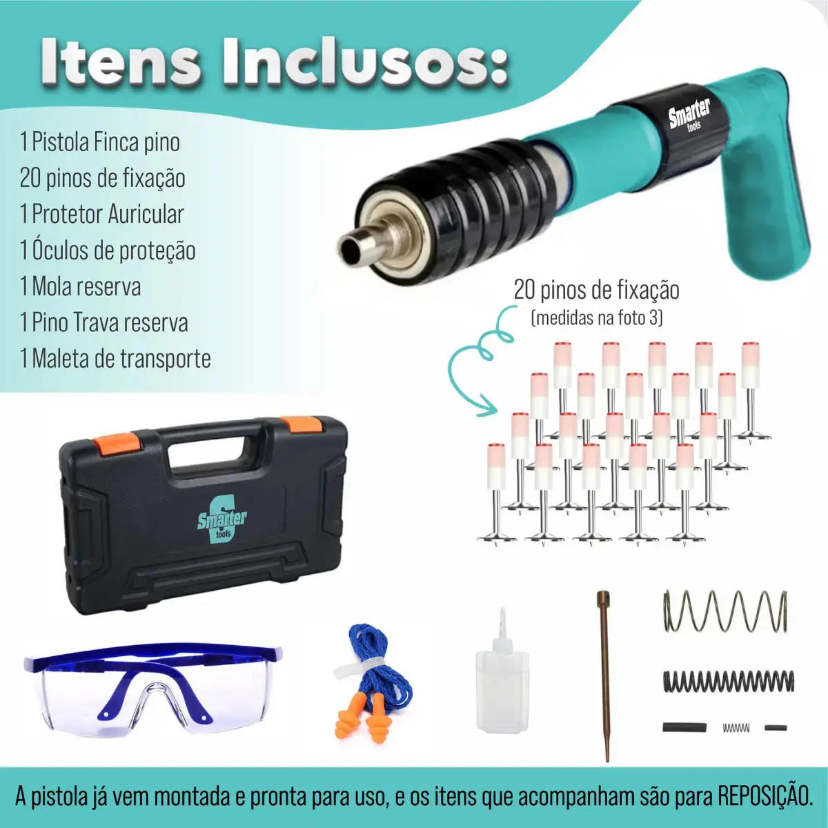Pistola Fixação Finca Pino Ação Direta Pregos Epi Maleta Pinador Pregador Grampeador Rebitador De Prego Pressão Manual Ferramenta Para Drywal Gesso Concreto Aço Parede Forro PVC Grampo Smarter Tools thumbnail 7