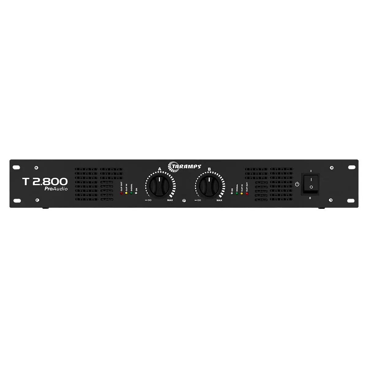 Amplificador Profissional Taramps T 2.800, 800W RMS, 2 Canais, Bivolt | Padrão Rack 19", entradas balanceadas XLR/P10 e crossover individual para aplicações profissionais de áudio