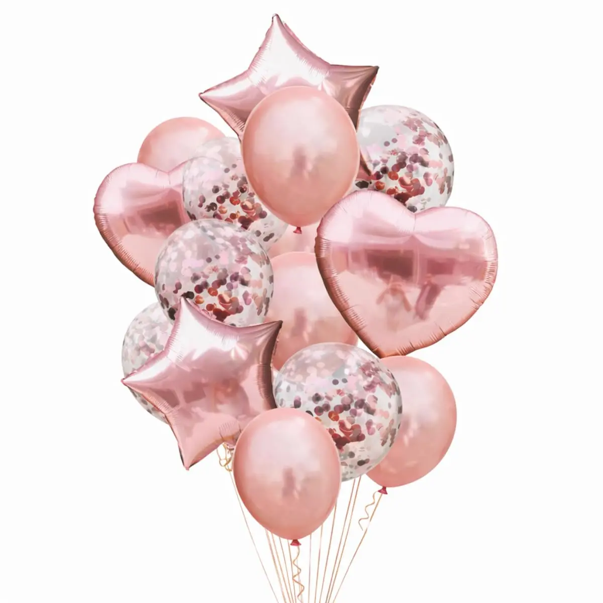 Kit Balões Rose Gold 14 Peças Metalizados Estrela Coração Confete