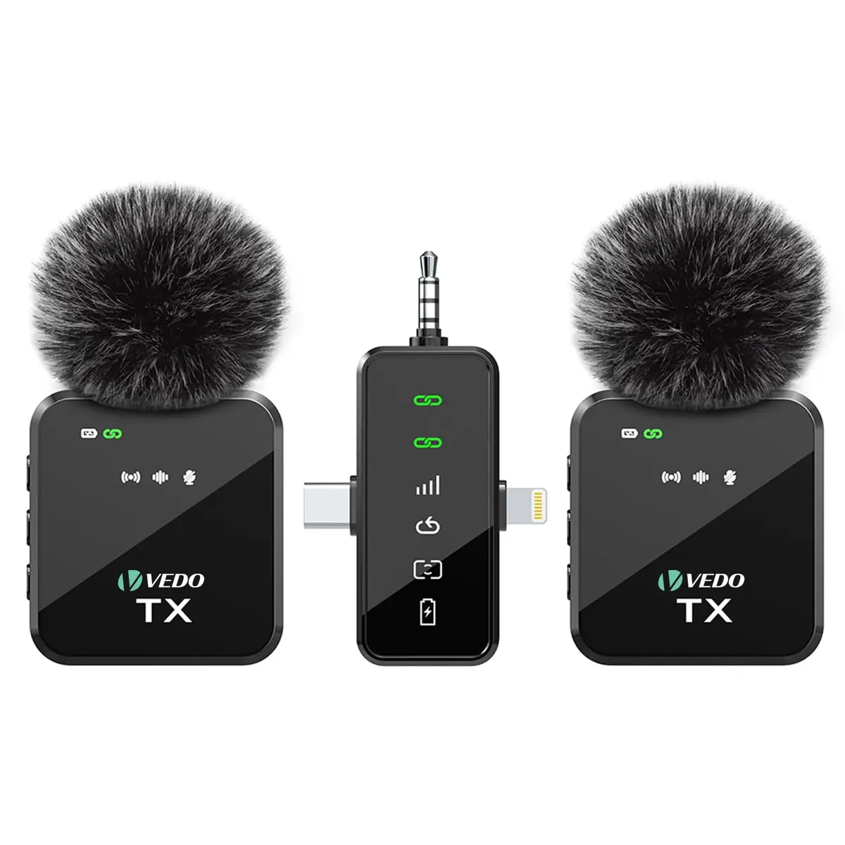VEDO Microfone de lapela sem fio 3 em 1 para iPhone/Android/Câmera, Microfone Transmissão de 25m, Bateria com duração de 18 horas, Mini microfone para gravação de entrevistas e vlogs