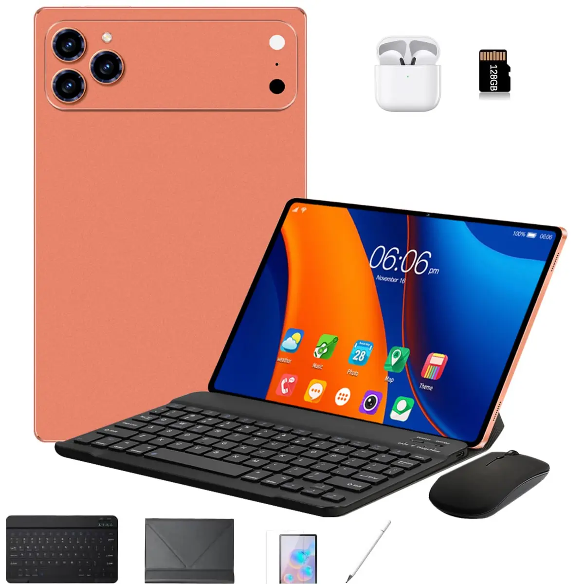 i17Tablet 3 em 1 com estojo/teclado/mouse/cartão de memória, 10,1 polegadas, Android 14, 16GB de RAM + 512GB de ROM, câmera de 8MP + 16MP, GPS, bateria de 8800mAh, cartão Dual SIM (cor de laranja) - 1