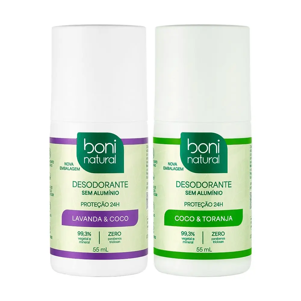 Boni Natural - Kit Desodorante Roll-On Lavanda & Coco 55 ml + Roll-On Coco & Toranja 55 ml, Vegano, Proteção 24 Horas, Sem Álcool Etílico e Sem Cloridrato de Alumínio