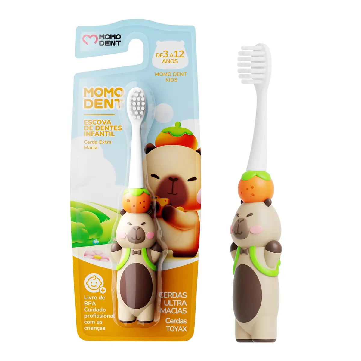 MOMODENT Escova de Dente Infantil com Cerdas Macias para Crianças de 3 a 12 Anos, Escova Infantil com Cuidado Gengival, Cabeça Pequena, Design Fofo em Cartoon, Cabo Ergonômico, BPA Free (Bege) - 1
