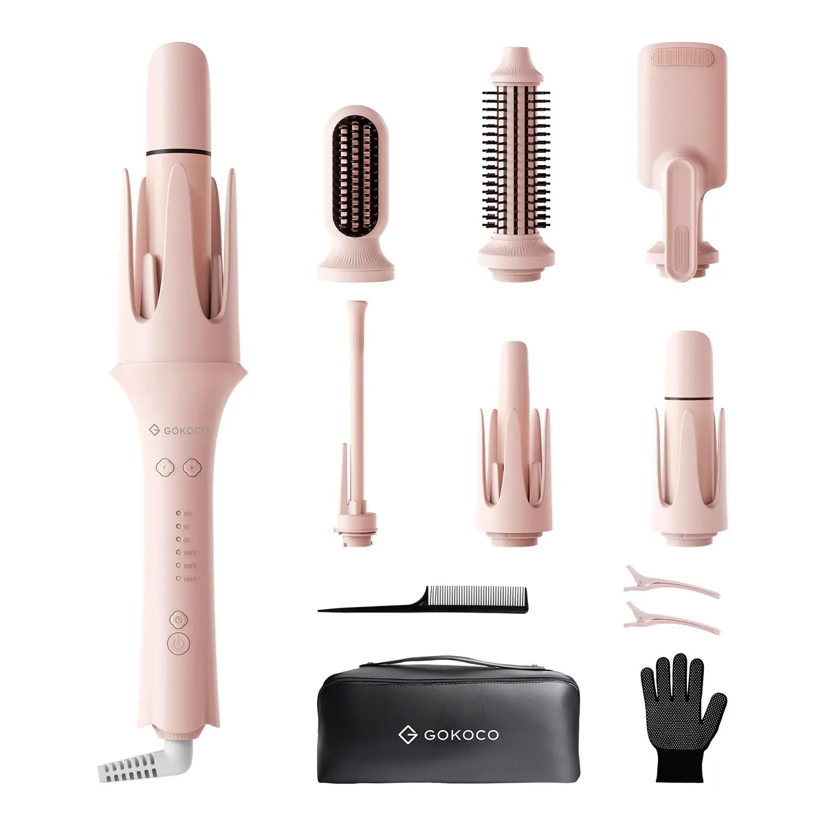 GOKOCO Prancha elétrica alisadora e modeladora de cachos 7 em 1,GD047 Escova Alisadora e Modeladora com Íons Negativos,Kit com 7 Acessórios, Aquecimento Rápido PTC,Temperatura Ajustável, Modelador de Cabelo Profissional,Rosa